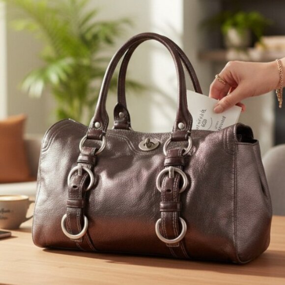 Coach Chelsea Silver Metallic Brown Accent Turn Lock Satchel - Picture 2 of 12